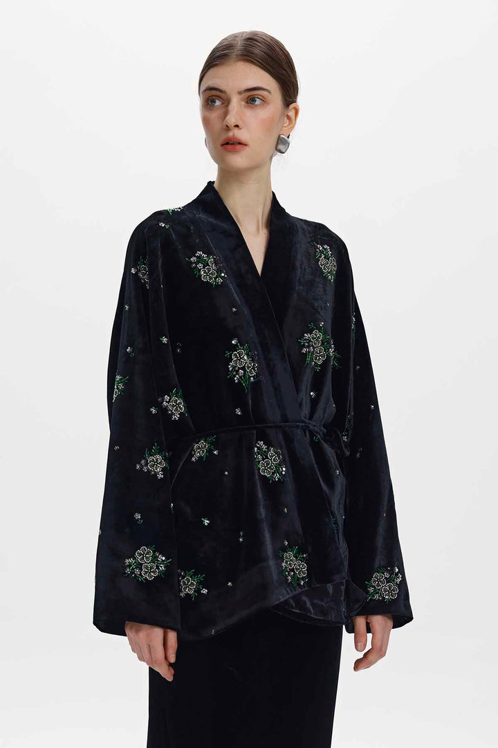 Della Beaded Floral Silk Velvet Jacket