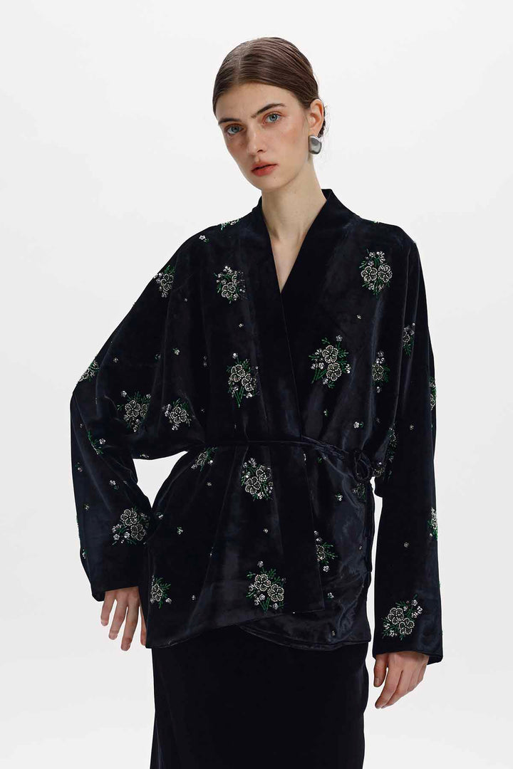 Della Beaded Floral Silk Velvet Jacket
