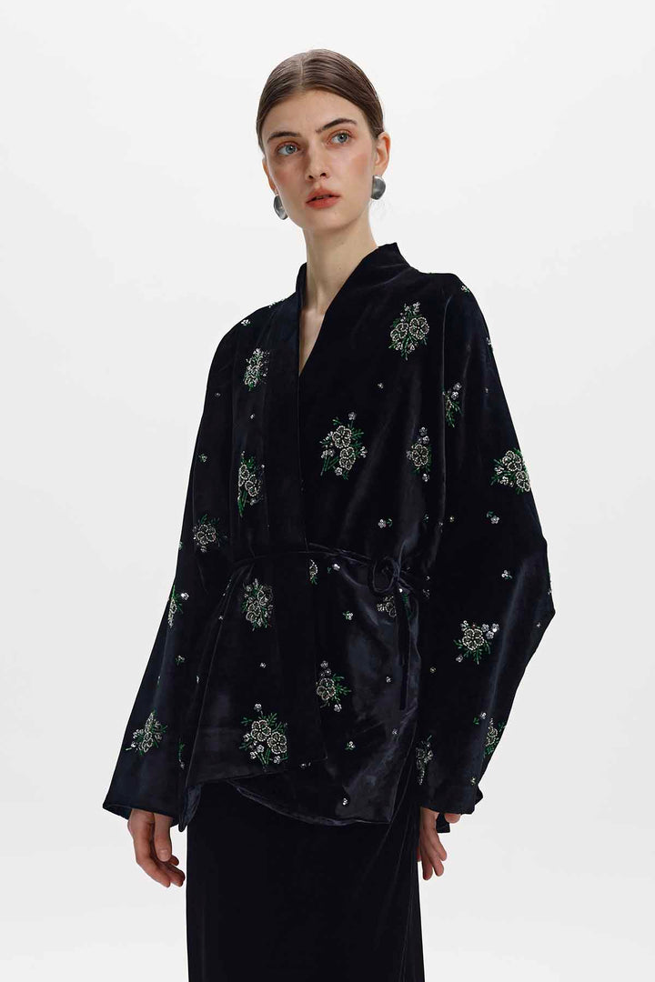 Della Beaded Floral Silk Velvet Jacket