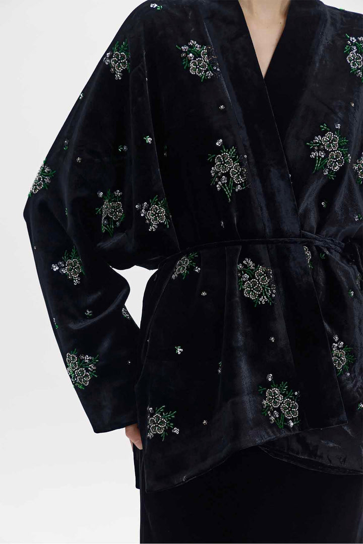 Della Beaded Floral Silk Velvet Jacket