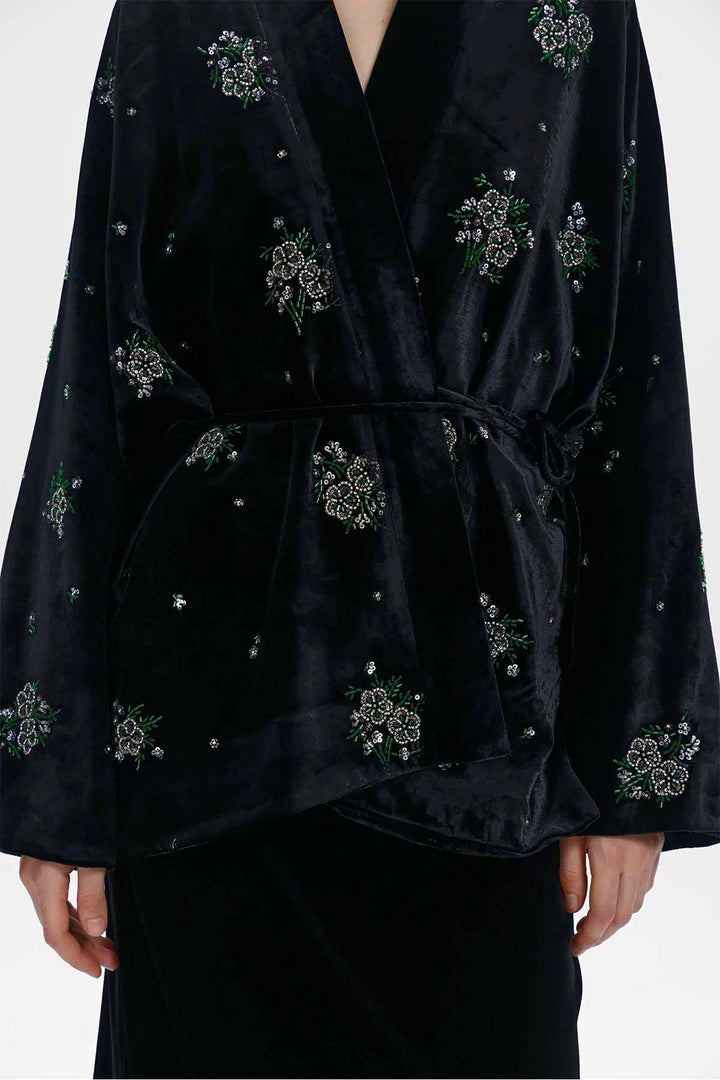 Della Beaded Floral Silk Velvet Jacket