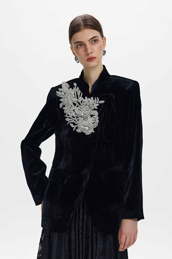 Edie Hand-Beaded Floral Silk Velvet Jacket