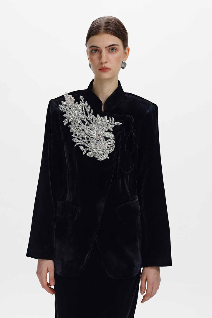 Edie Hand-Beaded Floral Silk Velvet Jacket