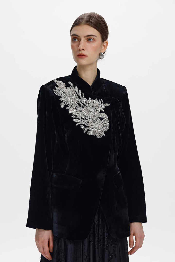 Edie Hand-Beaded Floral Silk Velvet Jacket