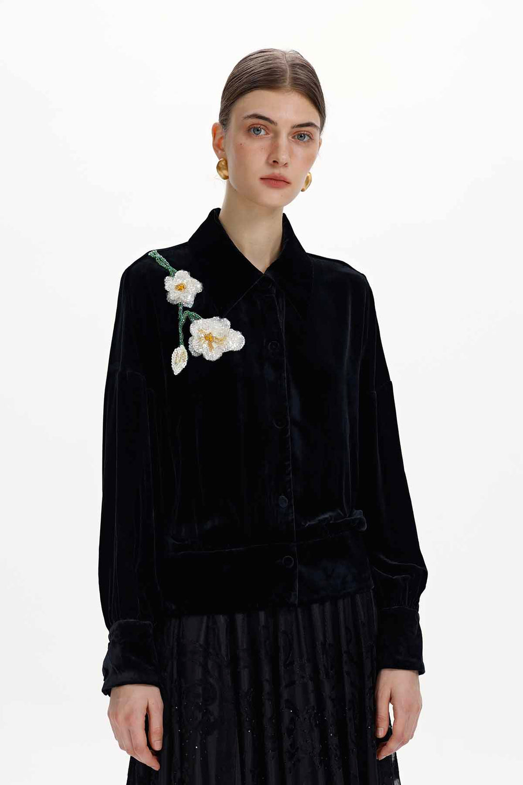Elva Hand-Beaded Floral Silk Velvet Blouse