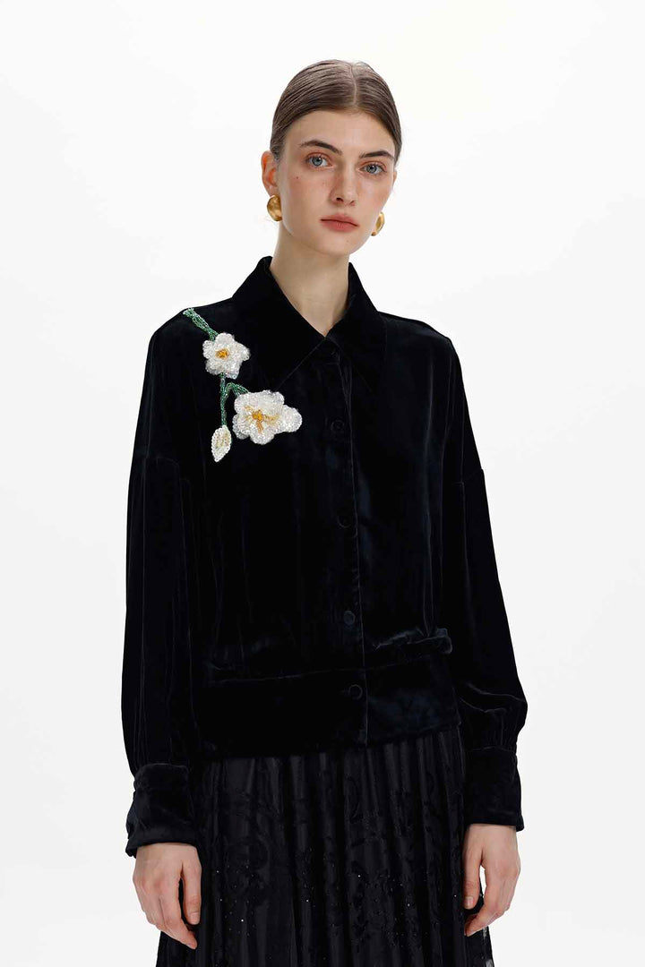 Elva Hand-Beaded Floral Silk Velvet Blouse