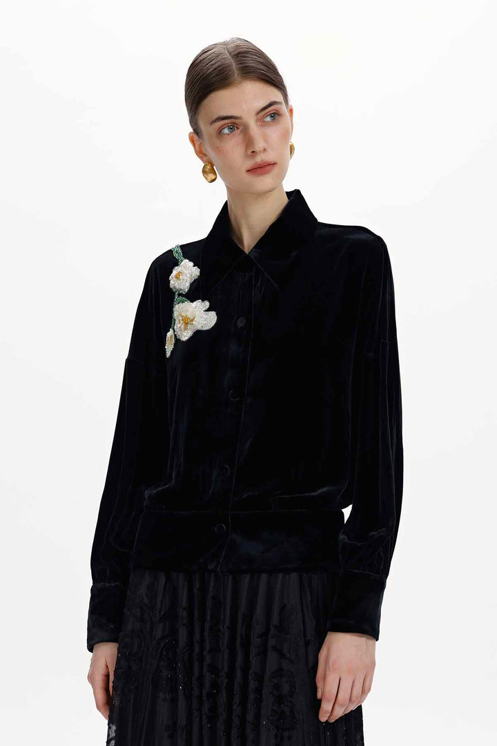 Elva Hand-Beaded Floral Silk Velvet Blouse