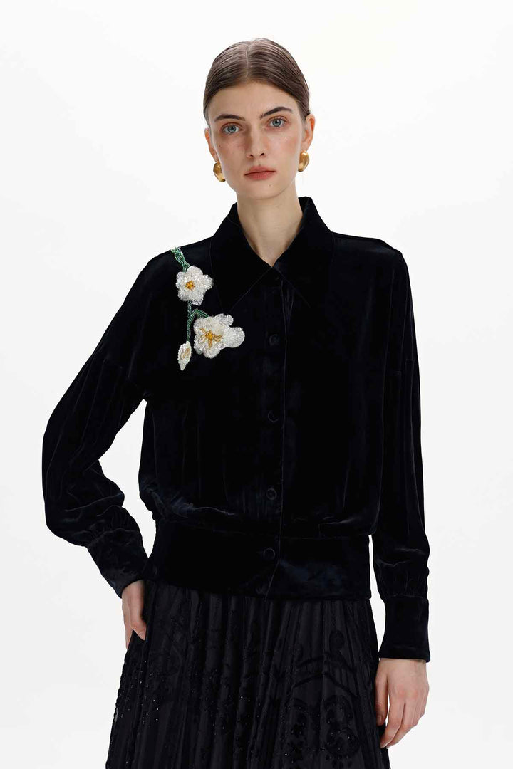 Elva Hand-Beaded Floral Silk Velvet Blouse