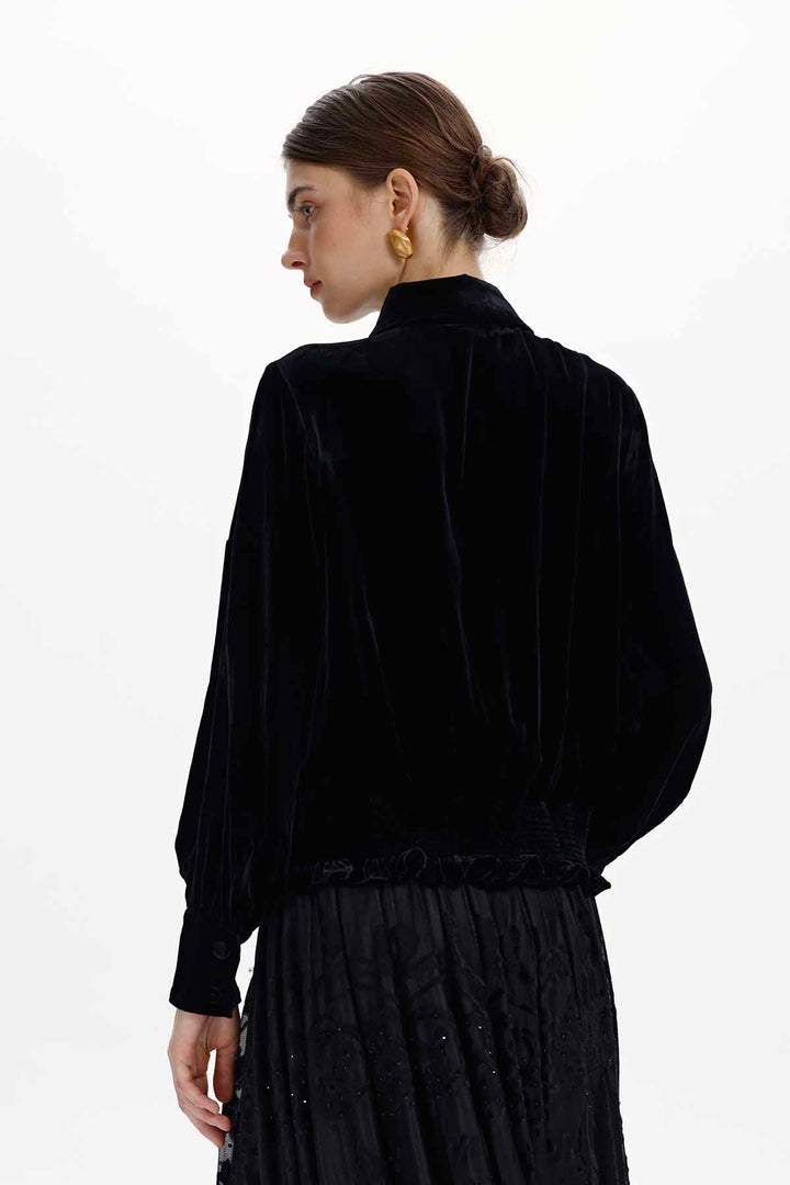 Elva Hand-Beaded Floral Silk Velvet Blouse