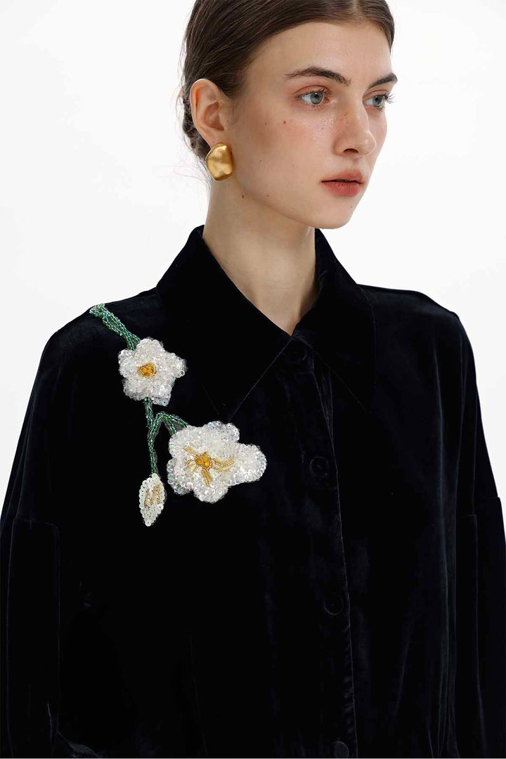 Elva Hand-Beaded Floral Silk Velvet Blouse