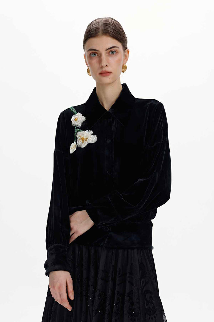 Elva Hand-Beaded Floral Silk Velvet Blouse