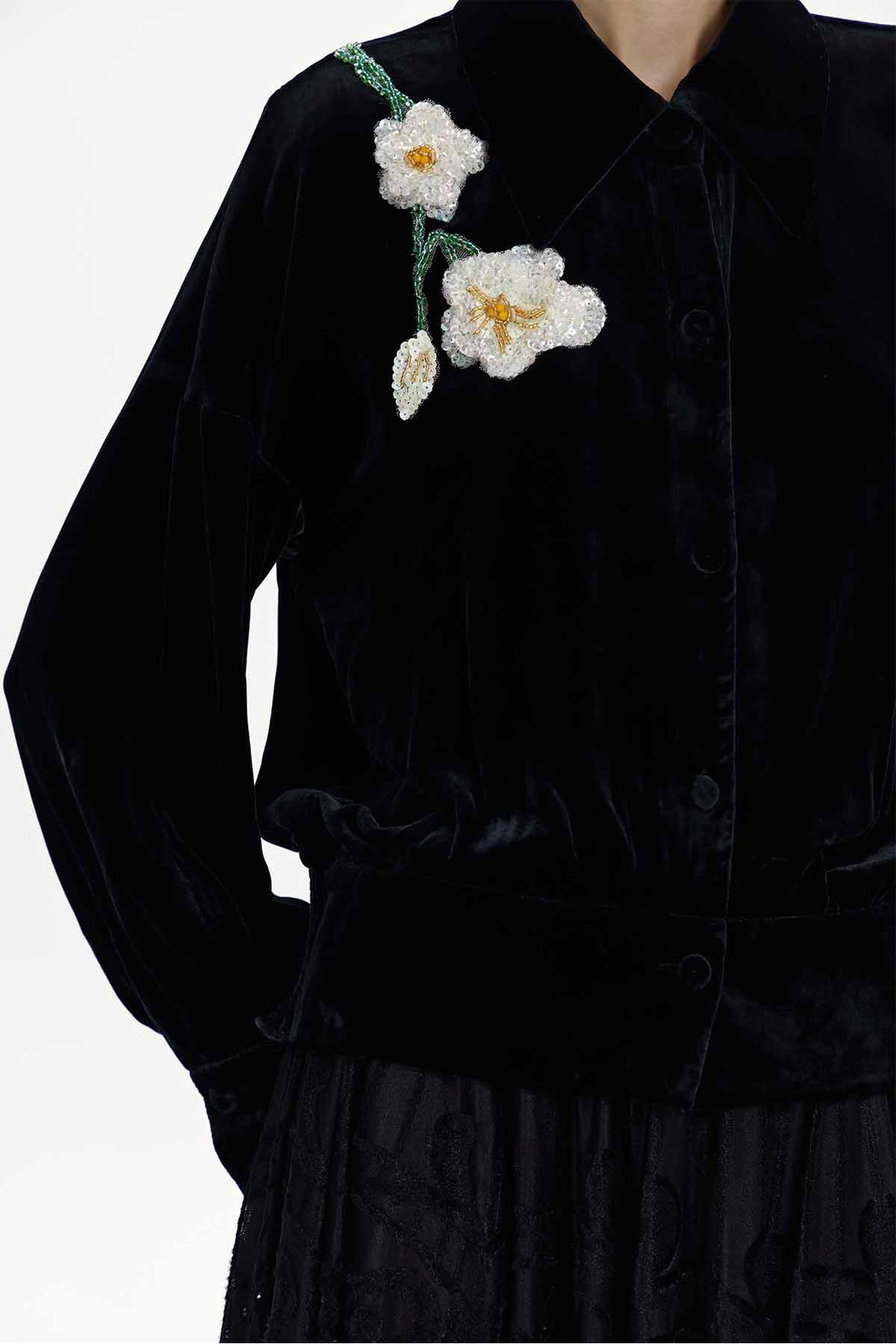 Elva Hand-Beaded Floral Silk Velvet Blouse