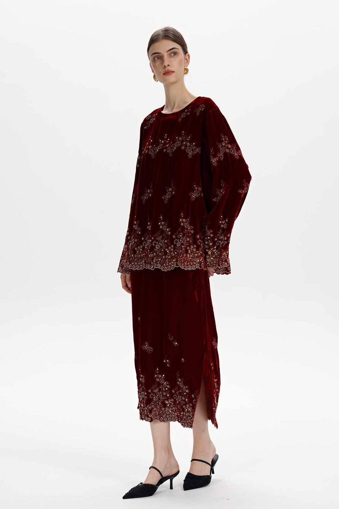 Flora Embroidered Sequin Silk Velvet Set