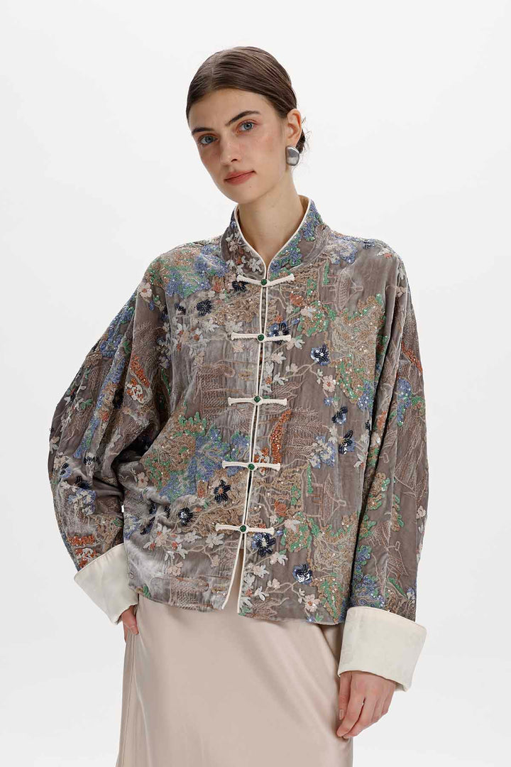 Inez Embroidered Velvet Mandarin Collar Jacket