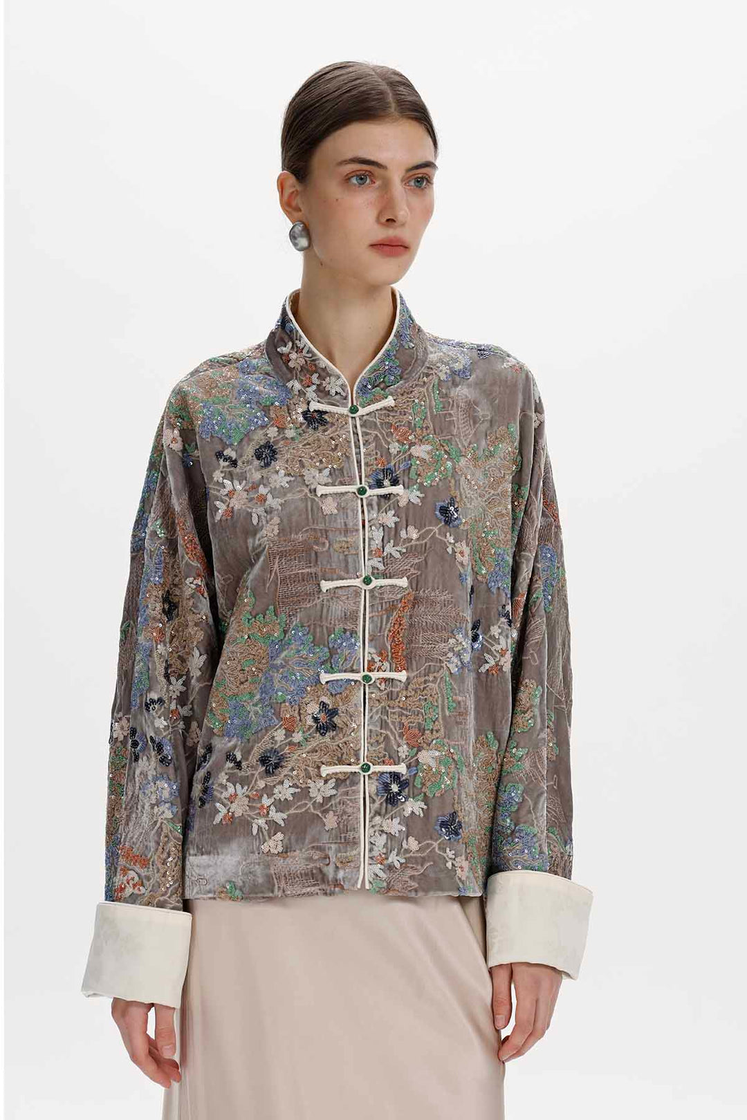 Inez Embroidered Velvet Mandarin Collar Jacket