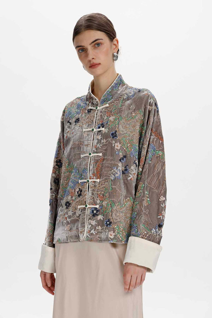 Inez Embroidered Velvet Mandarin Collar Jacket