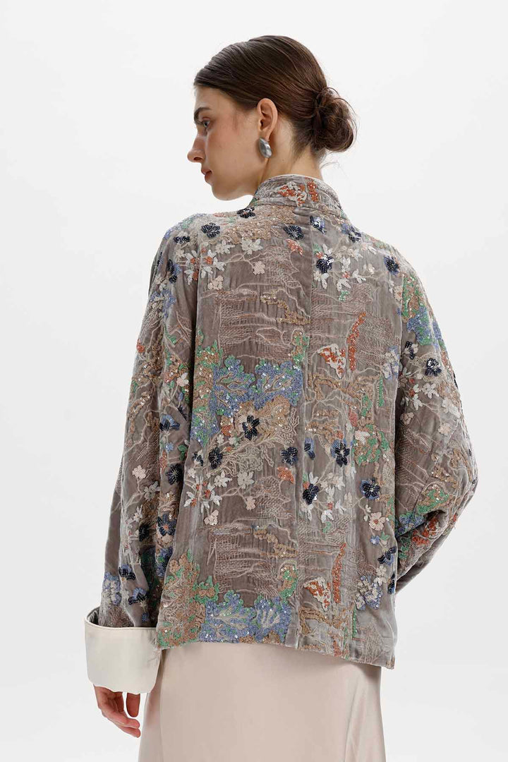 Inez Embroidered Velvet Mandarin Collar Jacket