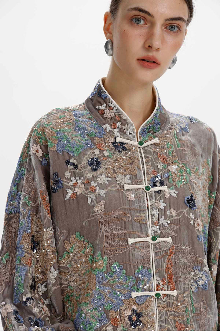 Inez Embroidered Velvet Mandarin Collar Jacket