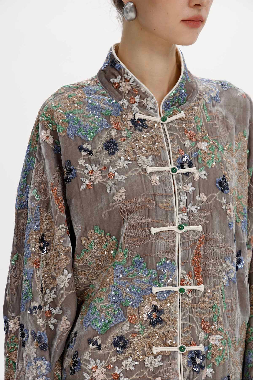 Inez Embroidered Velvet Mandarin Collar Jacket