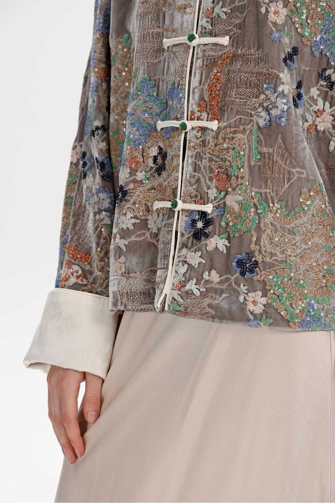 Inez Embroidered Velvet Mandarin Collar Jacket