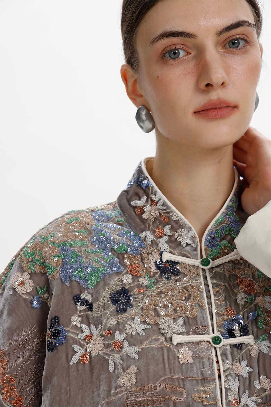 Inez Embroidered Velvet Mandarin Collar Jacket