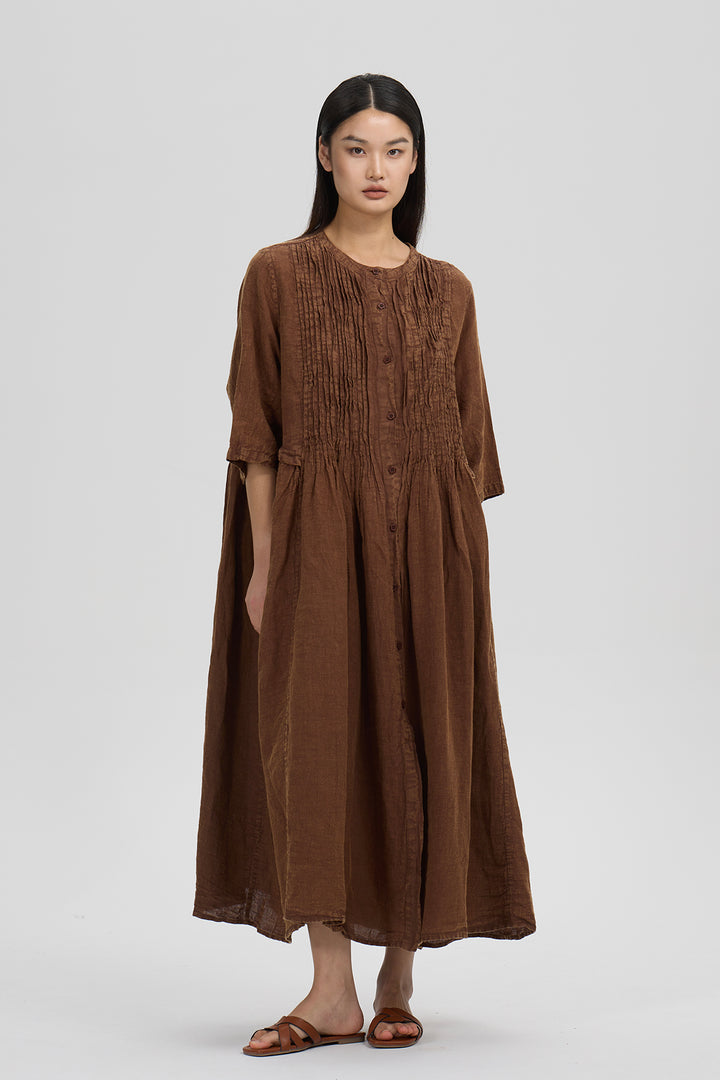 Elara Pleated Linen Dress Cocoa