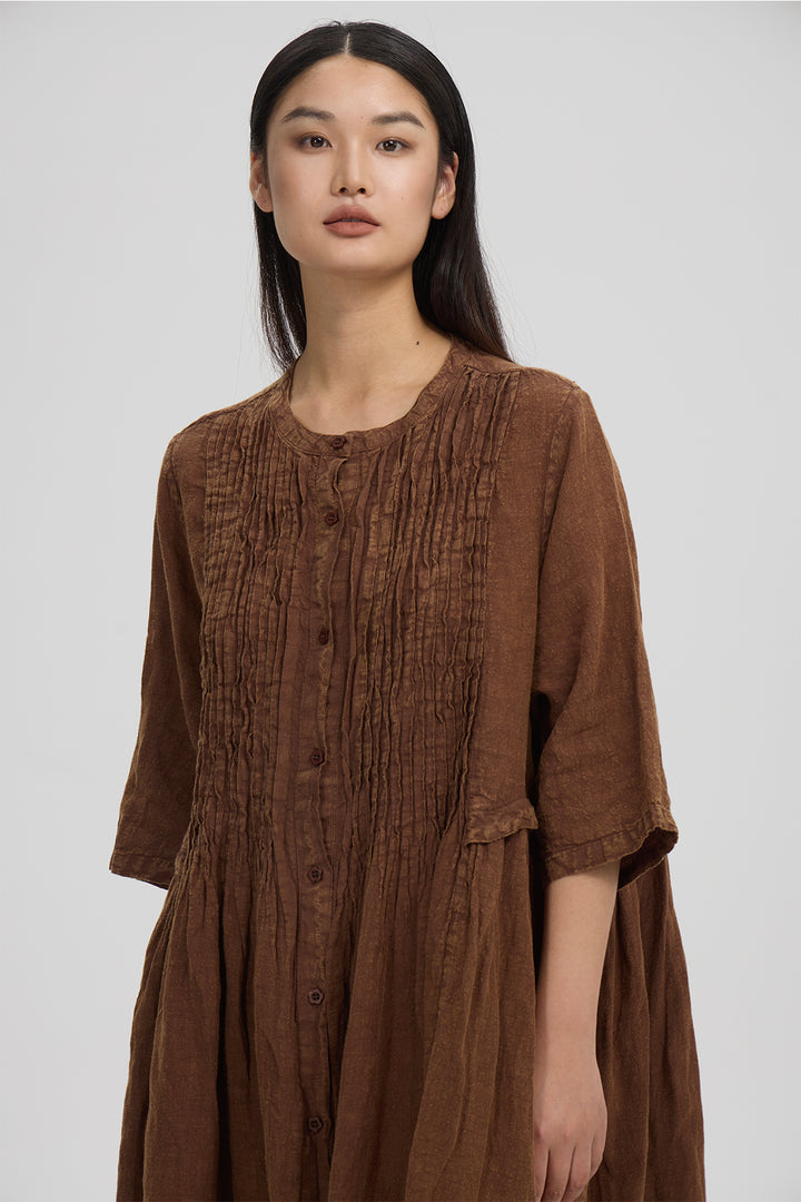 Elara Pleated Linen Dress Cocoa