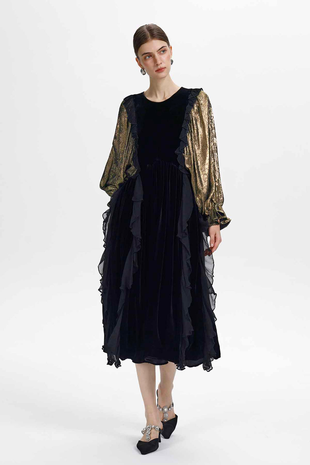 Oona Ruffle Velvet Midi Dress