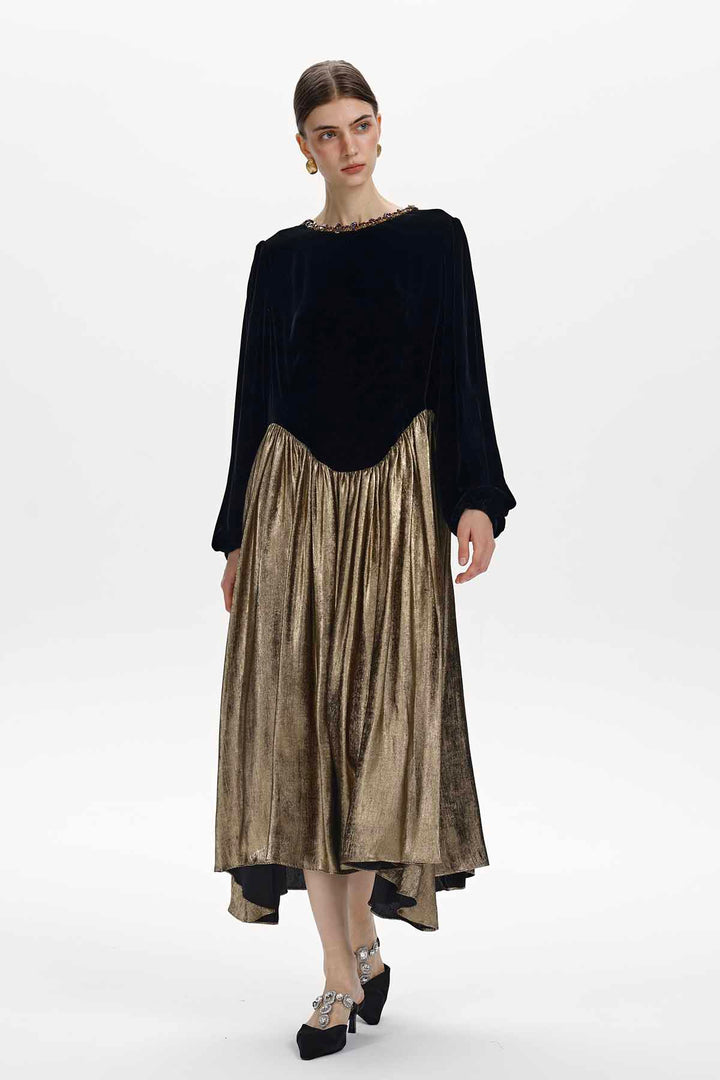 Sybil Silk Velvet Pleated Dress