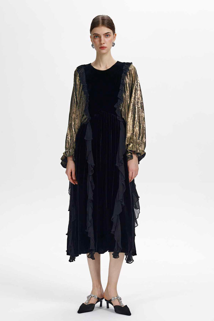 Oona Ruffle Velvet Midi Dress