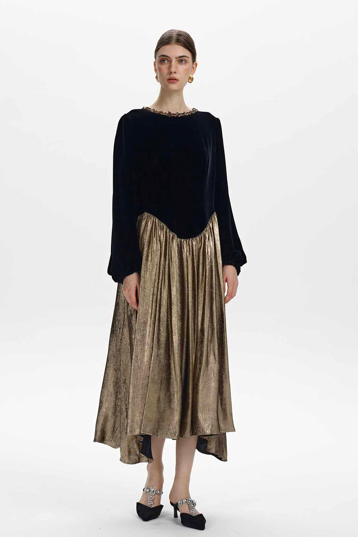 Sybil Silk Velvet Pleated Dress