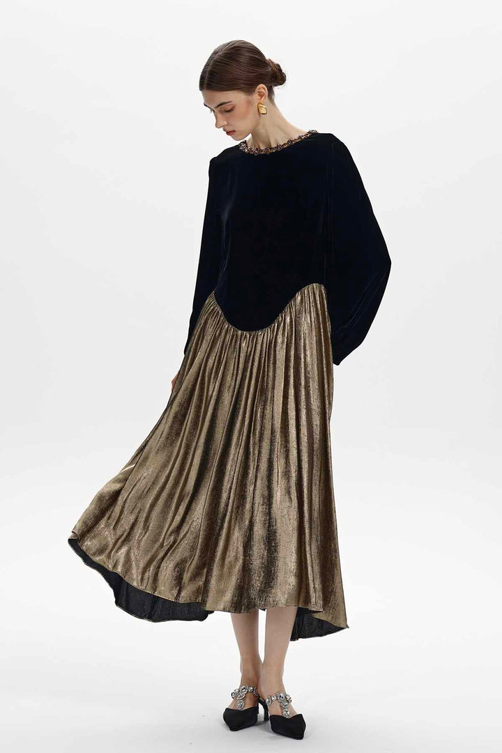 Sybil Silk Velvet Pleated Dress