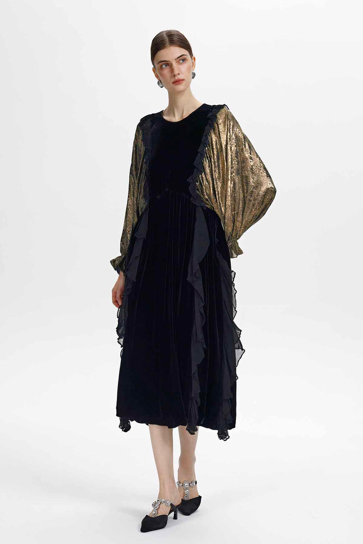Oona Ruffle Velvet Midi Dress
