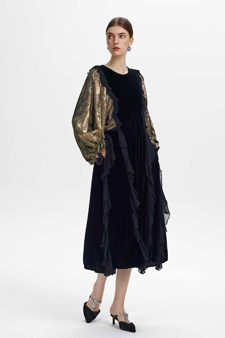 Oona Ruffle Velvet Midi Dress