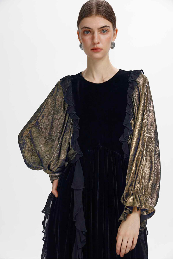 Oona Ruffle Velvet Midi Dress