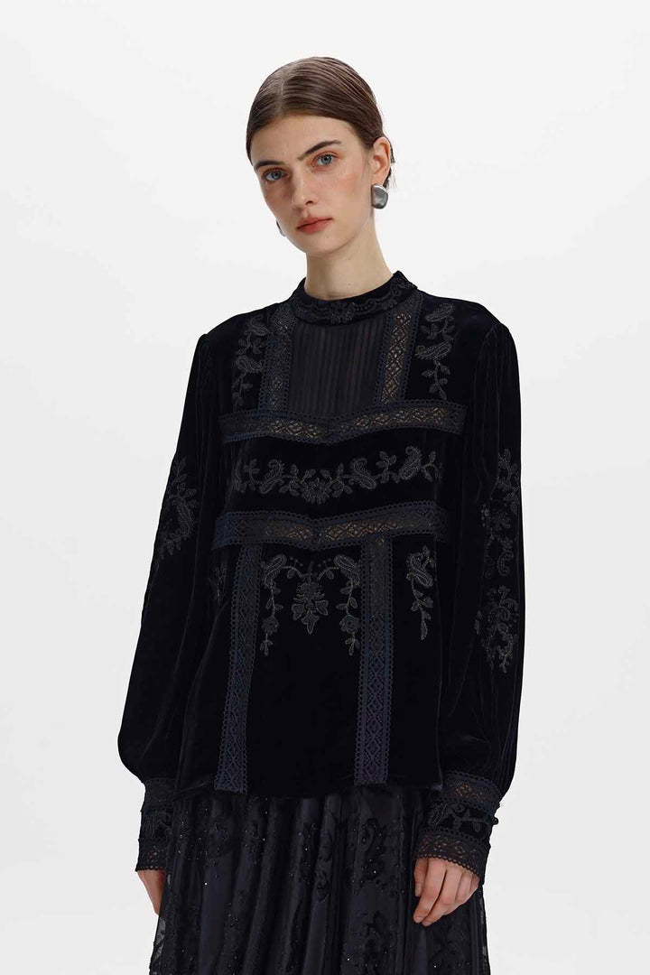 Imogen Black Silk Velvet High-Neck Panelled Top