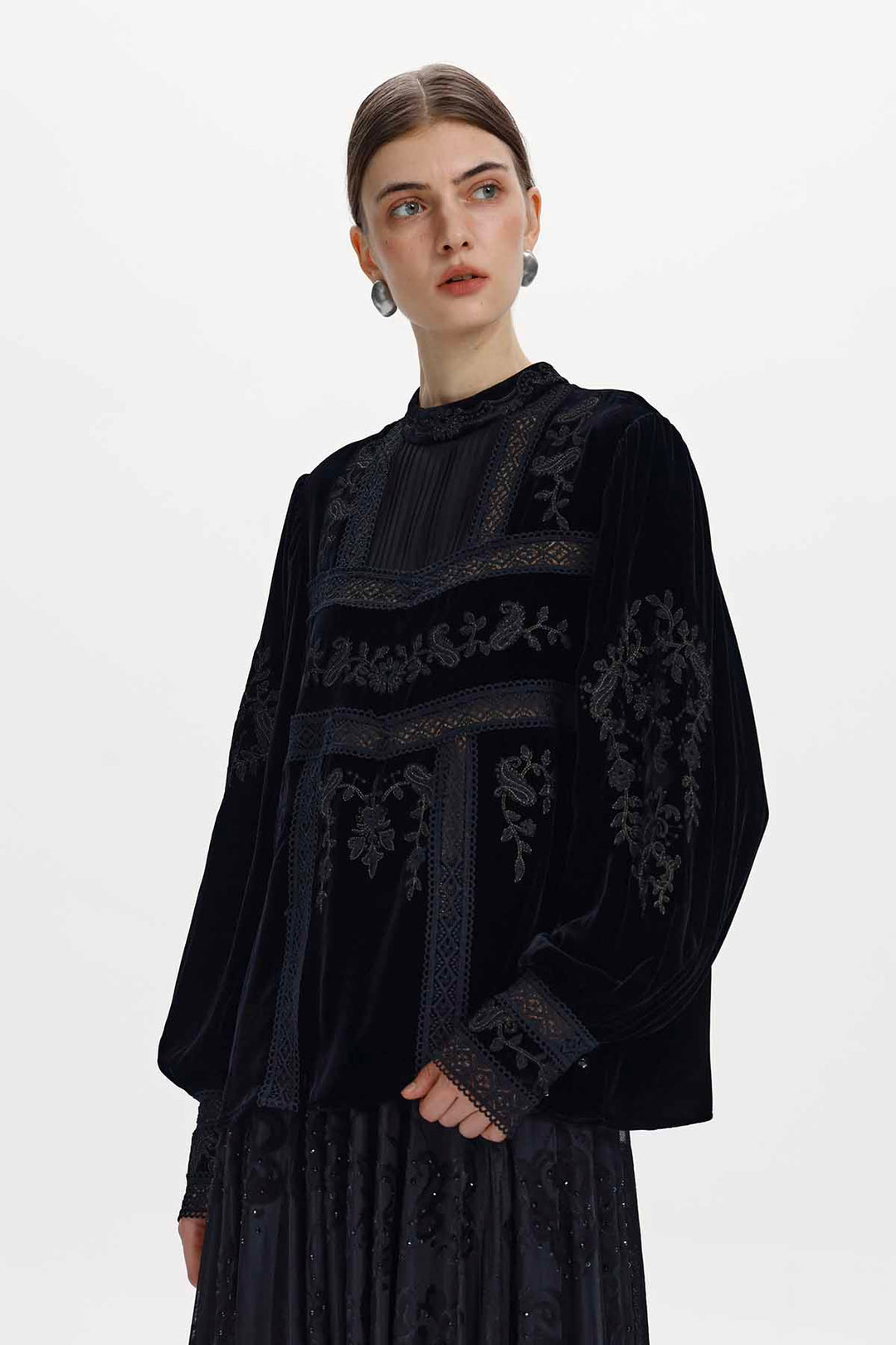 Imogen Black Silk Velvet High-Neck Panelled Top