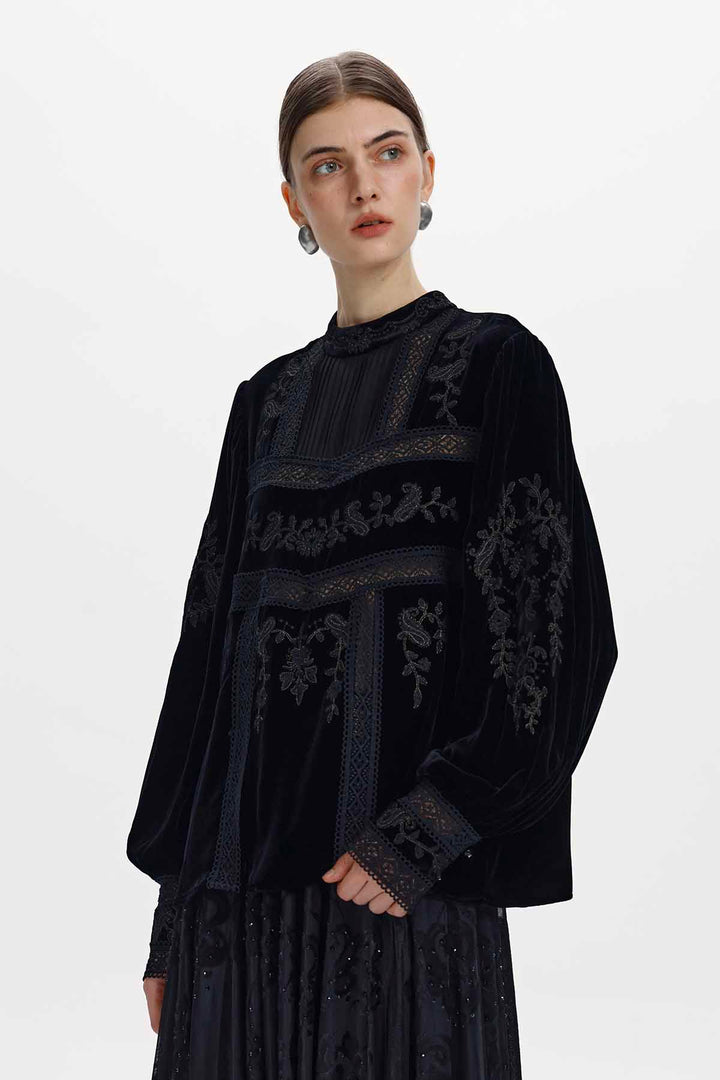 Imogen Black Silk Velvet High-Neck Panelled Top