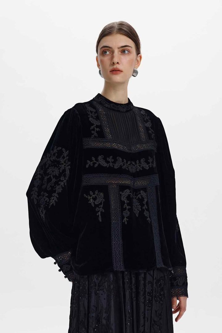 Imogen Black Silk Velvet High-Neck Panelled Top