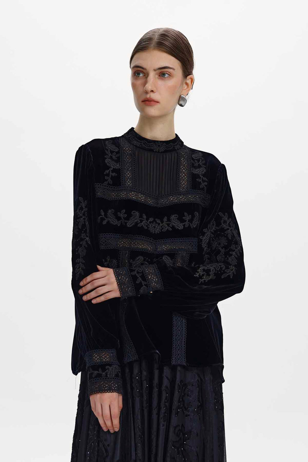 Imogen Black Silk Velvet High-Neck Panelled Top