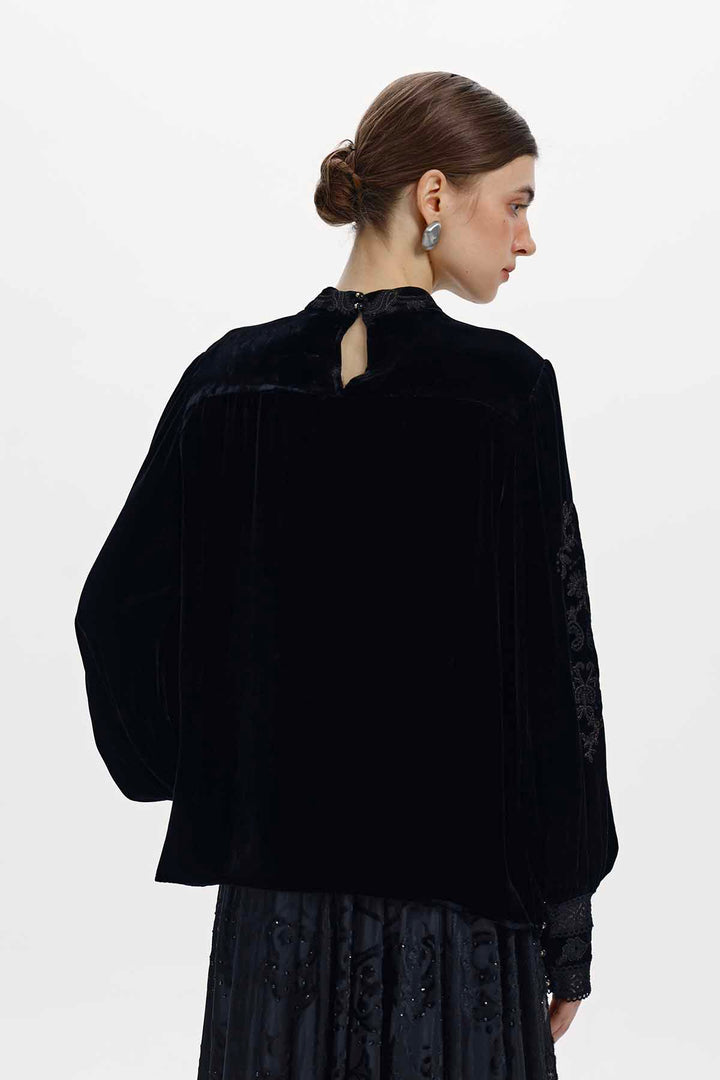 Imogen Black Silk Velvet High-Neck Panelled Top
