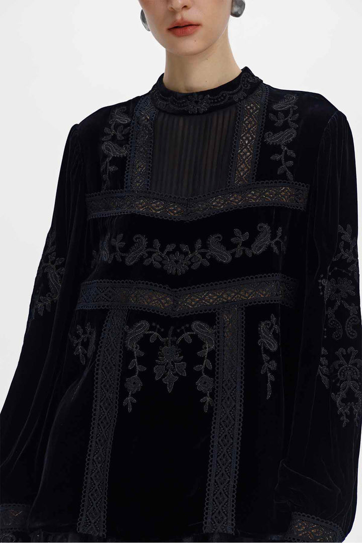 Imogen Black Silk Velvet High-Neck Panelled Top