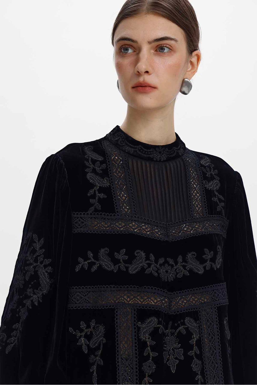 Imogen Black Silk Velvet High-Neck Panelled Top