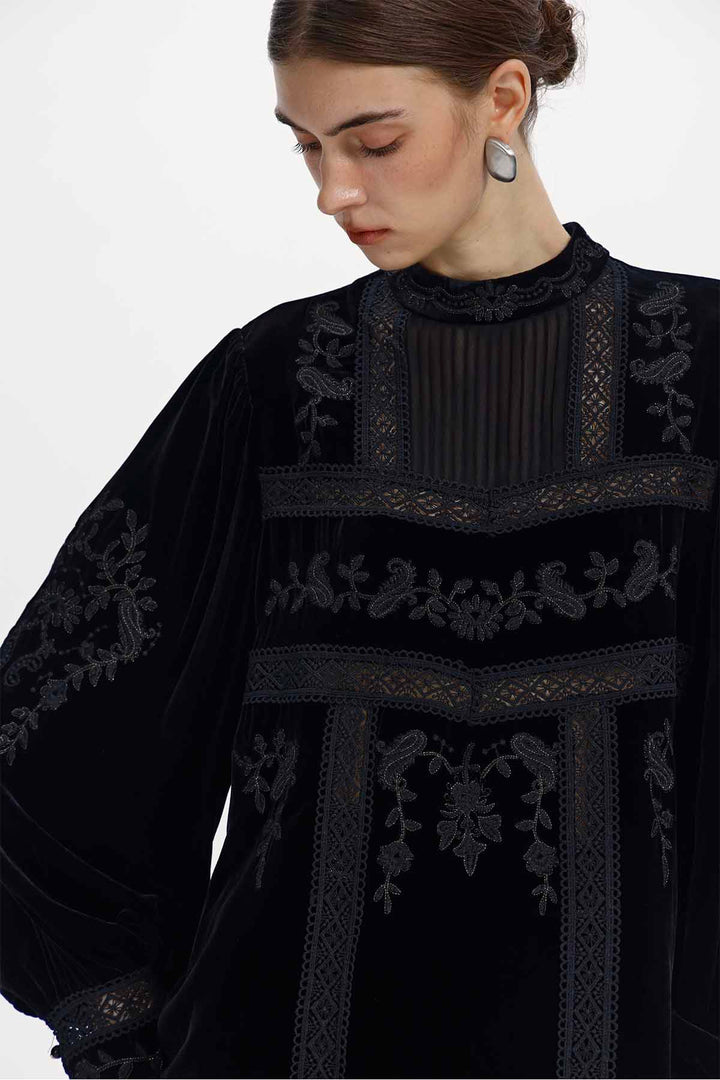 Imogen Black Silk Velvet High-Neck Panelled Top