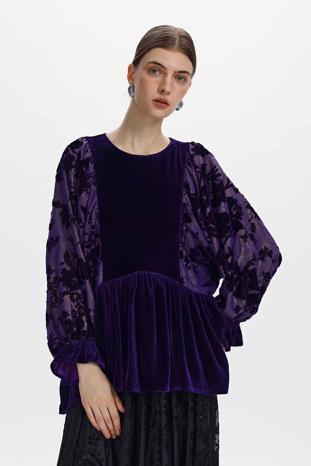 Astrid Burnout Velvet Peplum Top