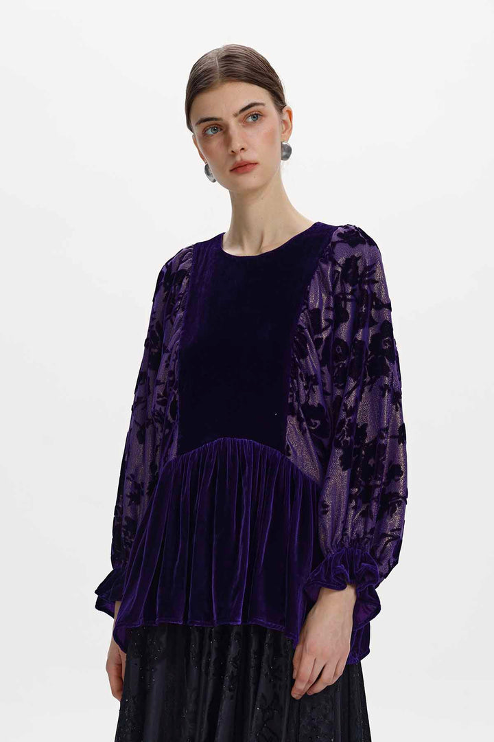 Astrid Burnout Velvet Peplum Top