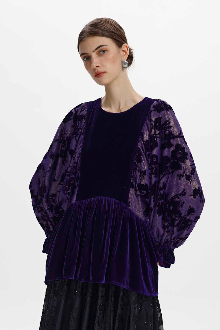 Astrid Burnout Velvet Peplum Top