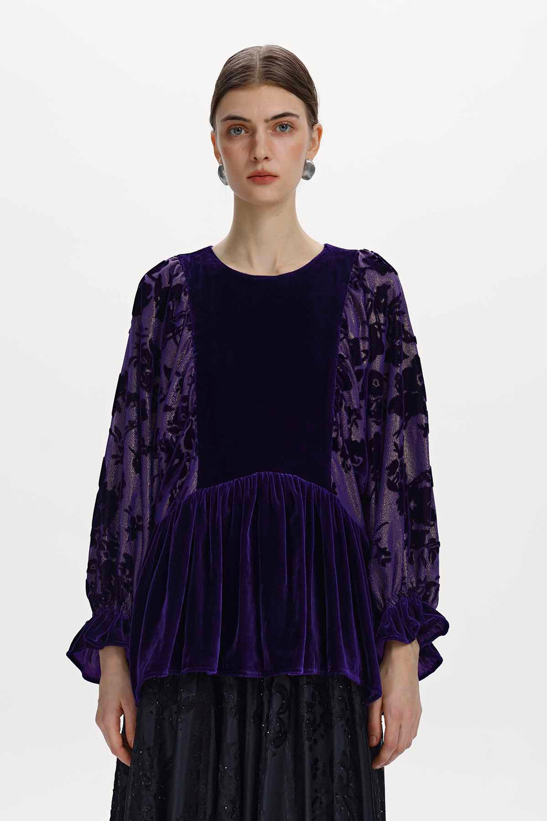 Astrid Burnout Velvet Peplum Top