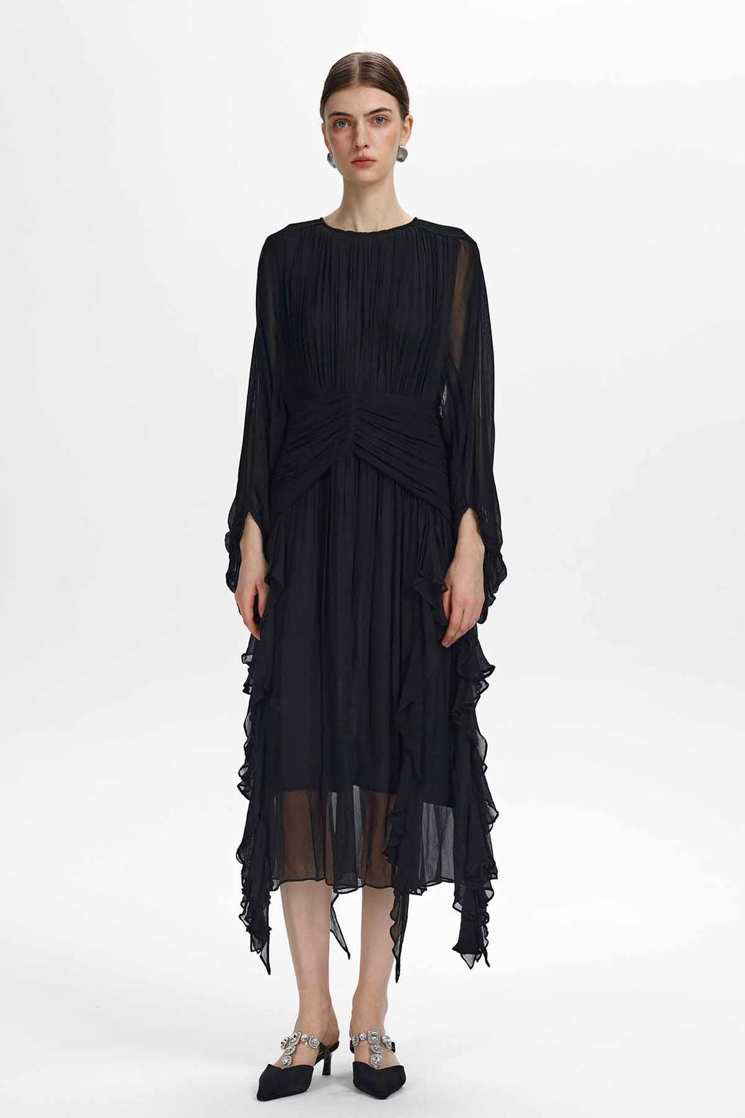 Calypso Ruched-Waist Ruffle Midi Dress