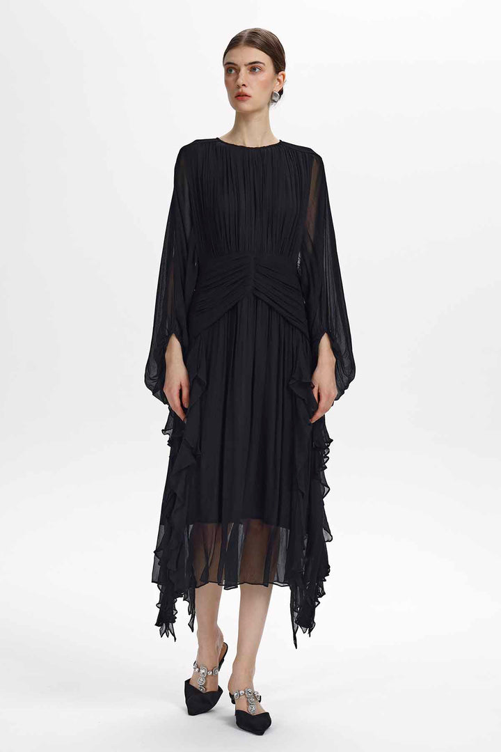 Calypso Ruched-Waist Ruffle Midi Dress